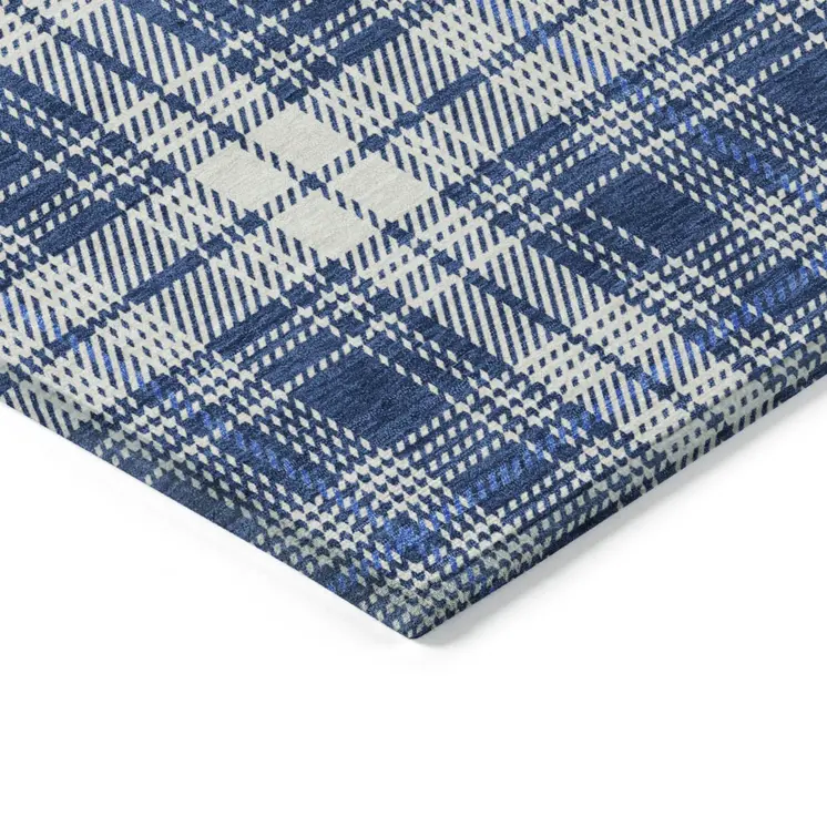 3' X 5' Navy Blue And Ivory Plaid Washable Indoor Outdoor Area Rug