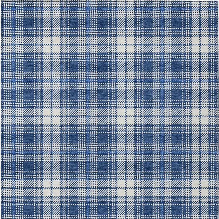 3' X 5' Navy Blue And Ivory Plaid Washable Indoor Outdoor Area Rug