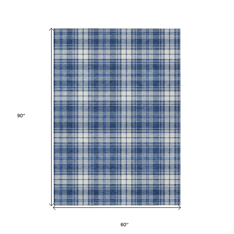 5' X 8' Navy Blue And Ivory Plaid Washable Indoor Outdoor Area Rug