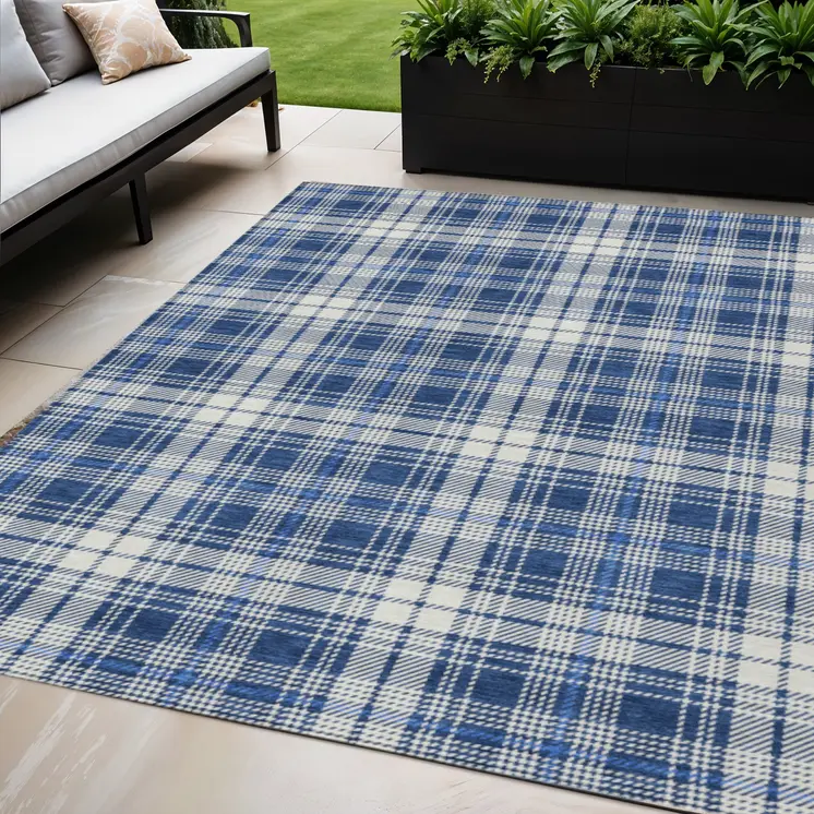 5' X 8' Navy Blue And Ivory Plaid Washable Indoor Outdoor Area Rug