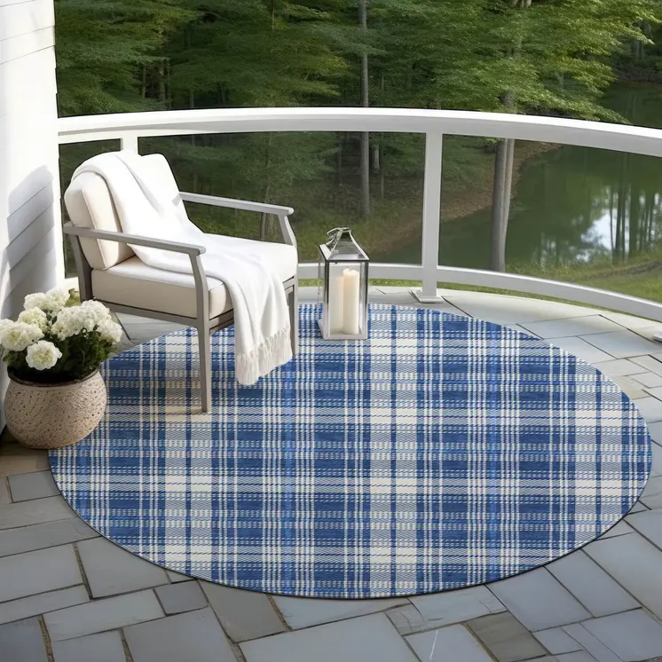 8' Navy Blue And Ivory Round Plaid Washable Indoor Outdoor Area Rug