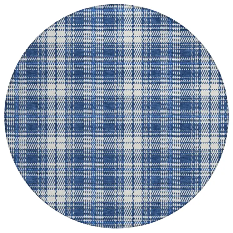 8' Navy Blue And Ivory Round Plaid Washable Indoor Outdoor Area Rug