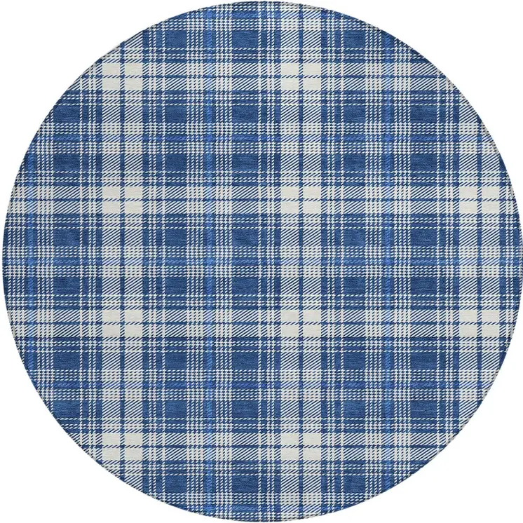 8' Navy Blue And Ivory Round Plaid Washable Indoor Outdoor Area Rug