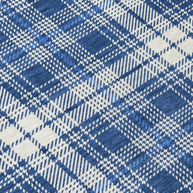 8' Navy Blue And Ivory Round Plaid Washable Indoor Outdoor Area Rug