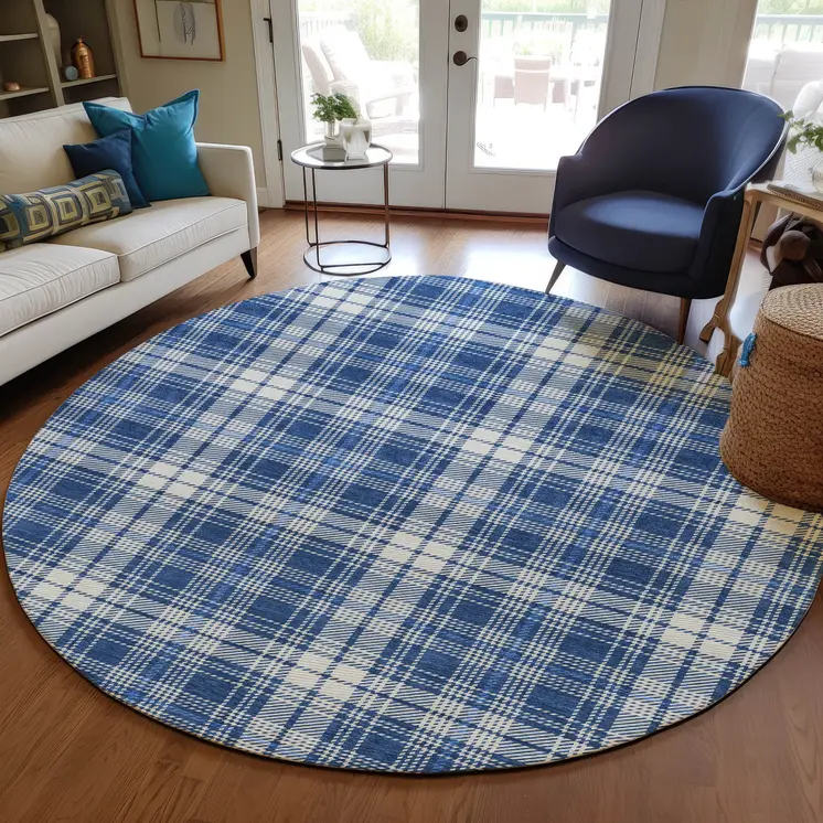 8' Navy Blue And Ivory Round Plaid Washable Indoor Outdoor Area Rug
