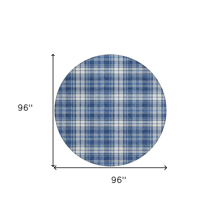 8' Navy Blue And Ivory Round Plaid Washable Indoor Outdoor Area Rug