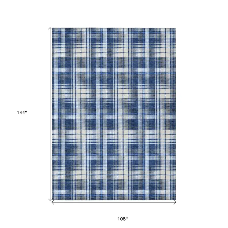 9' X 12' Navy Blue And Ivory Plaid Washable Indoor Outdoor Area Rug