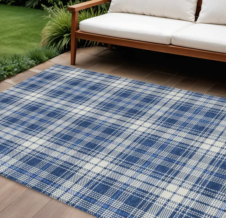 9' X 12' Navy Blue And Ivory Plaid Washable Indoor Outdoor Area Rug