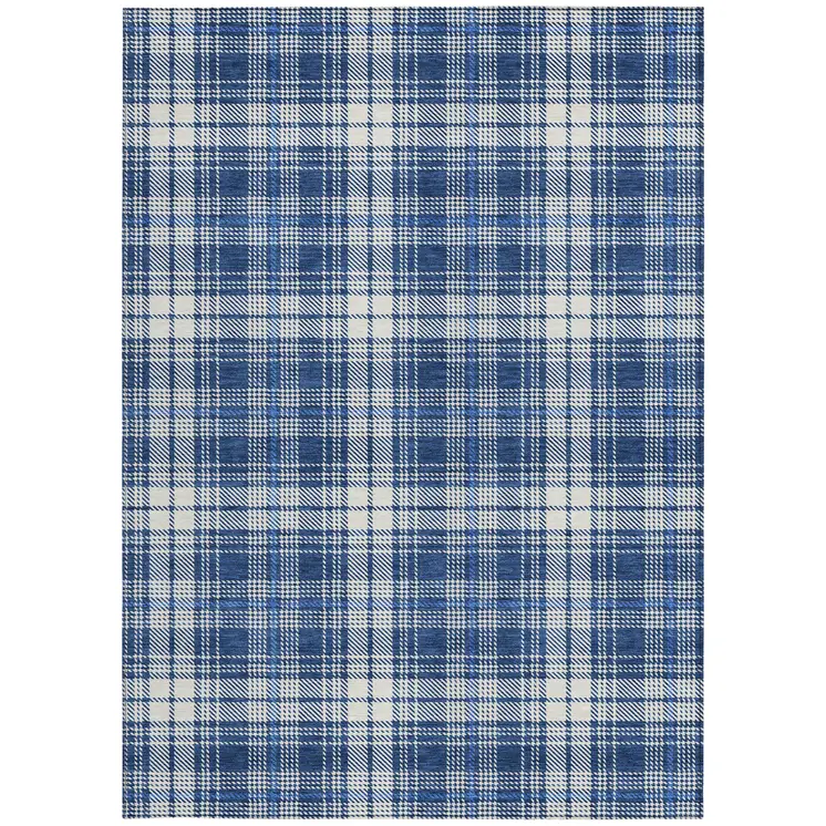 9' X 12' Navy Blue And Ivory Plaid Washable Indoor Outdoor Area Rug