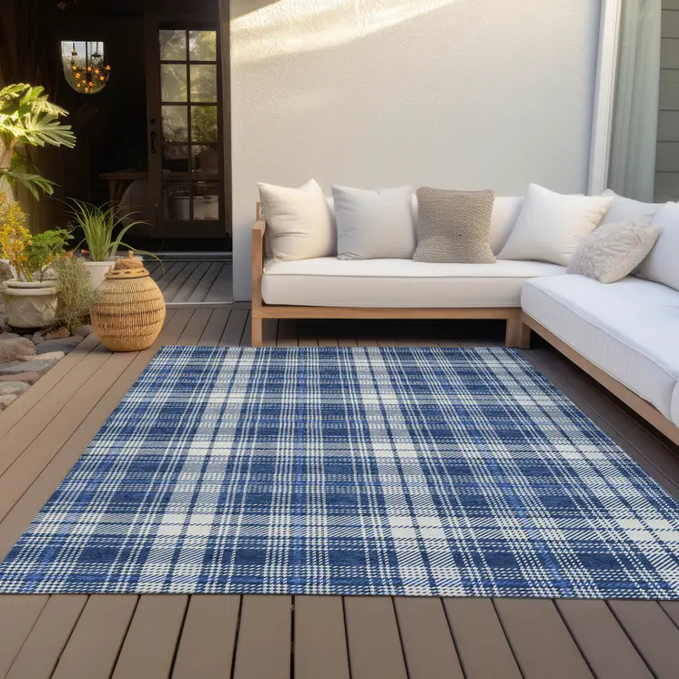 10' X 14' Navy Blue And Ivory Plaid Washable Indoor Outdoor Area Rug
