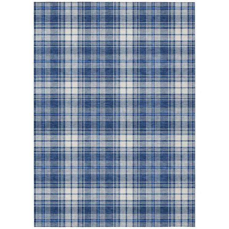 10' X 14' Navy Blue And Ivory Plaid Washable Indoor Outdoor Area Rug