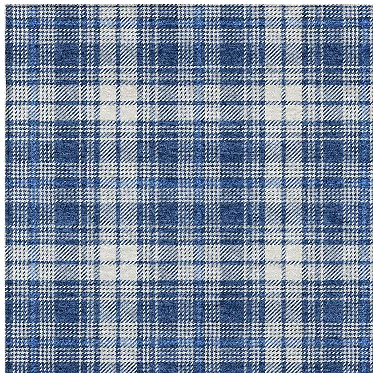 10' X 14' Navy Blue And Ivory Plaid Washable Indoor Outdoor Area Rug