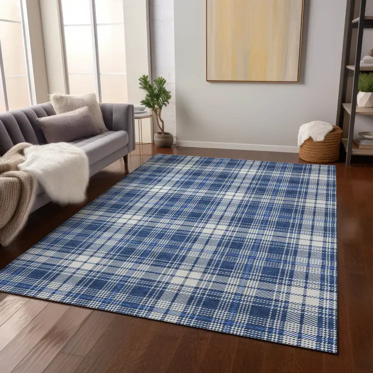 10' X 14' Navy Blue And Ivory Plaid Washable Indoor Outdoor Area Rug