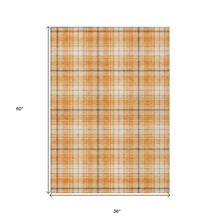 3' X 5' Orange Blue And Ivory Plaid Washable Indoor Outdoor Area Rug