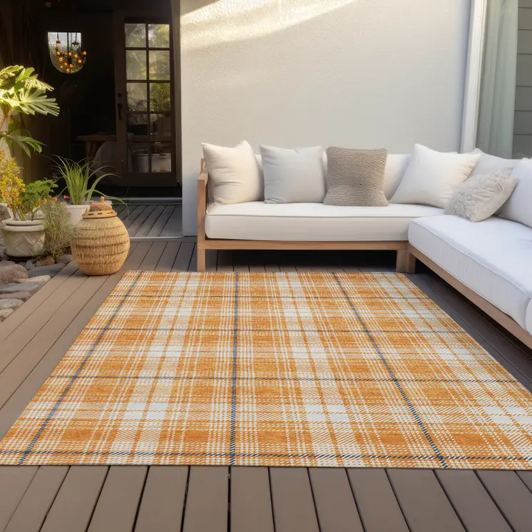 3' X 5' Orange Blue And Ivory Plaid Washable Indoor Outdoor Area Rug