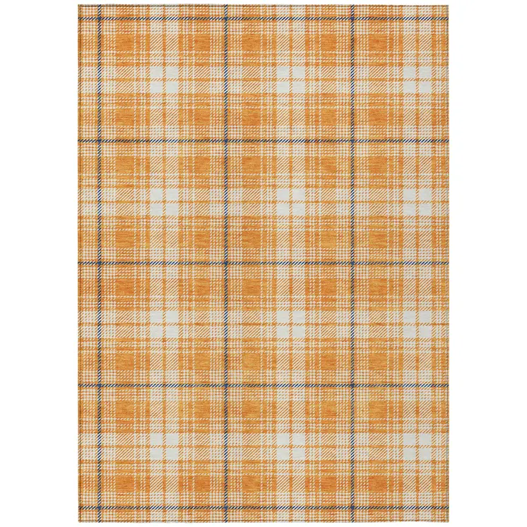 3' X 5' Orange Blue And Ivory Plaid Washable Indoor Outdoor Area Rug