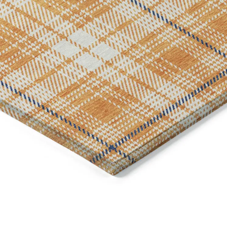 3' X 5' Orange Blue And Ivory Plaid Washable Indoor Outdoor Area Rug