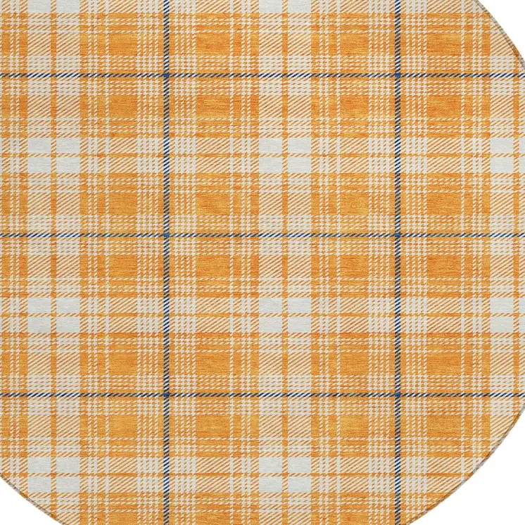 8' Orange Blue And Ivory Round Plaid Washable Indoor Outdoor Area Rug