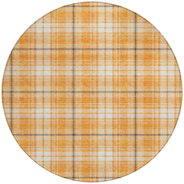 8' Orange Blue And Ivory Round Plaid Washable Indoor Outdoor Area Rug