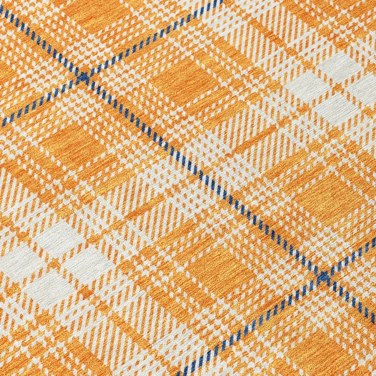 8' Orange Blue And Ivory Round Plaid Washable Indoor Outdoor Area Rug