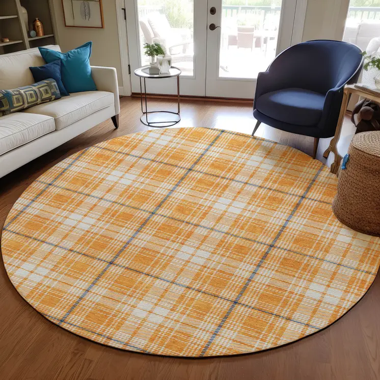 8' Orange Blue And Ivory Round Plaid Washable Indoor Outdoor Area Rug