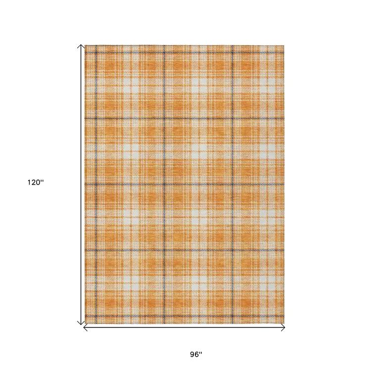 8' X 10' Orange Blue And Ivory Plaid Washable Indoor Outdoor Area Rug