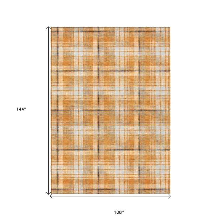 9' X 12' Orange Blue And Ivory Plaid Washable Indoor Outdoor Area Rug