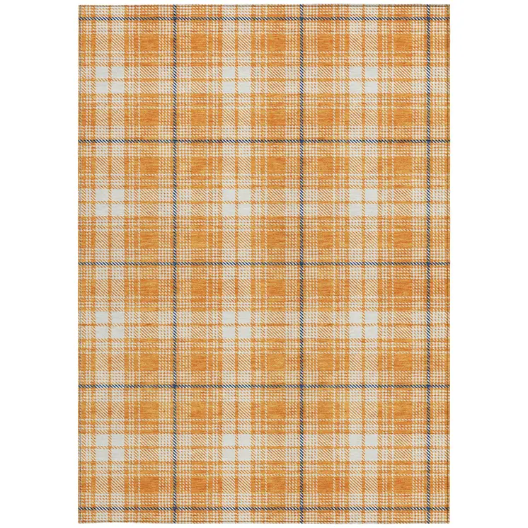 9' X 12' Orange Blue And Ivory Plaid Washable Indoor Outdoor Area Rug