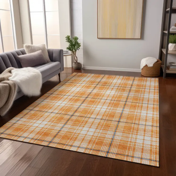 9' X 12' Orange Blue And Ivory Plaid Washable Indoor Outdoor Area Rug