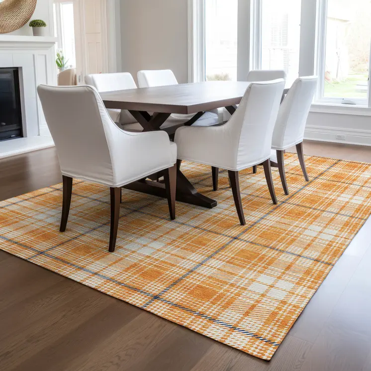 9' X 12' Orange Blue And Ivory Plaid Washable Indoor Outdoor Area Rug