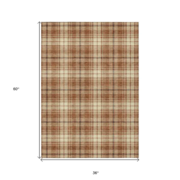3' X 5' Brown Black And Beige Plaid Washable Indoor Outdoor Area Rug