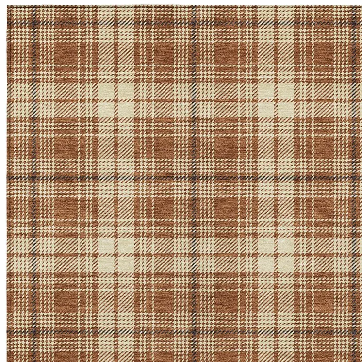 3' X 5' Brown Black And Beige Plaid Washable Indoor Outdoor Area Rug