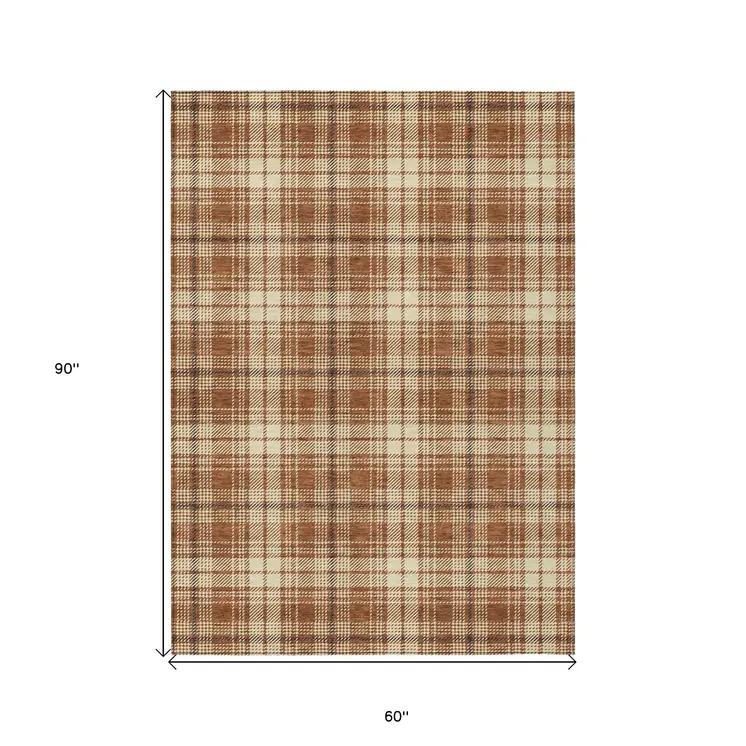 5' X 8' Brown Black And Beige Plaid Washable Indoor Outdoor Area Rug