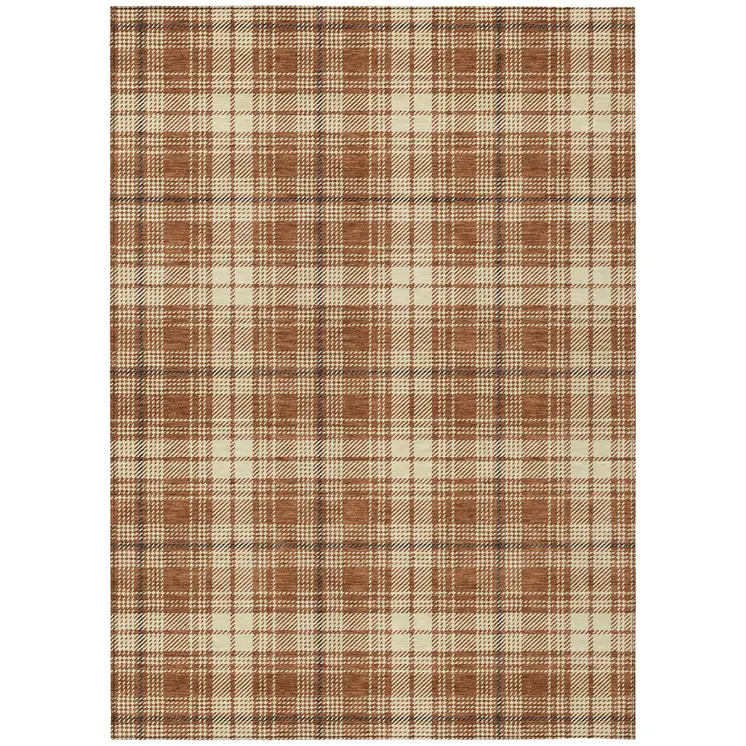 5' X 8' Brown Black And Beige Plaid Washable Indoor Outdoor Area Rug