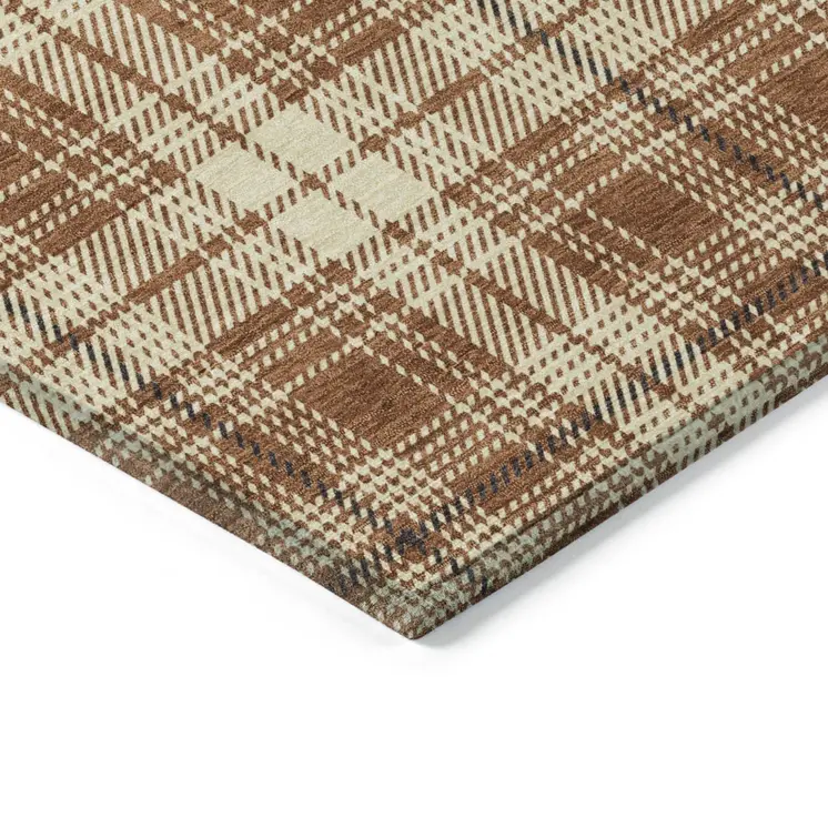 5' X 8' Brown Black And Beige Plaid Washable Indoor Outdoor Area Rug