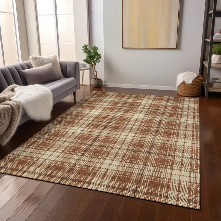 5' X 8' Brown Black And Beige Plaid Washable Indoor Outdoor Area Rug