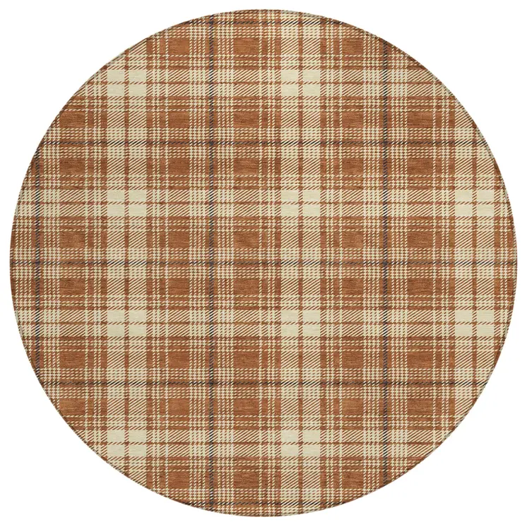 8' Brown Black And Beige Round Plaid Washable Indoor Outdoor Area Rug