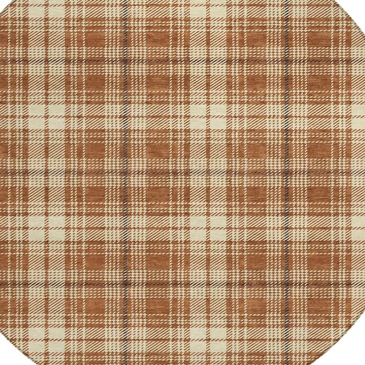 8' Brown Black And Beige Round Plaid Washable Indoor Outdoor Area Rug