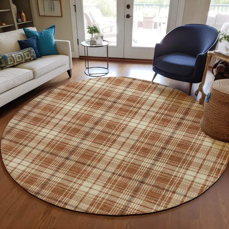 8' Brown Black And Beige Round Plaid Washable Indoor Outdoor Area Rug