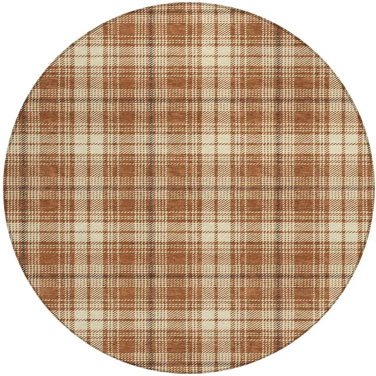 8' Brown Black And Beige Round Plaid Washable Indoor Outdoor Area Rug