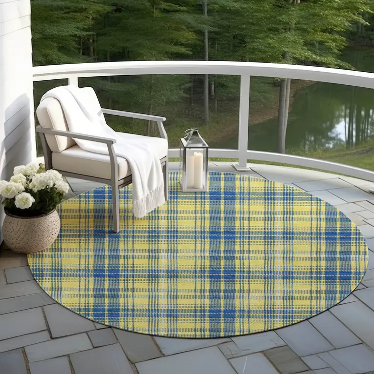 8' Yellow Blue And Ivory Round Plaid Washable Indoor Outdoor Area Rug