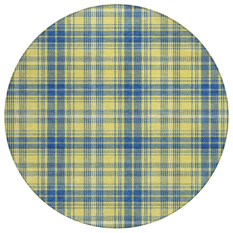 8' Yellow Blue And Ivory Round Plaid Washable Indoor Outdoor Area Rug