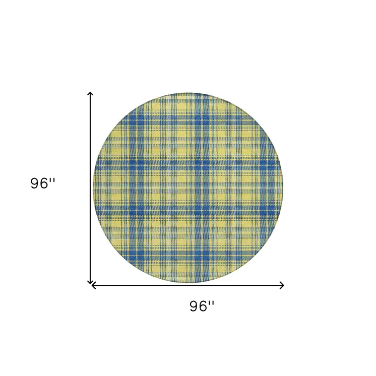 8' Yellow Blue And Ivory Round Plaid Washable Indoor Outdoor Area Rug