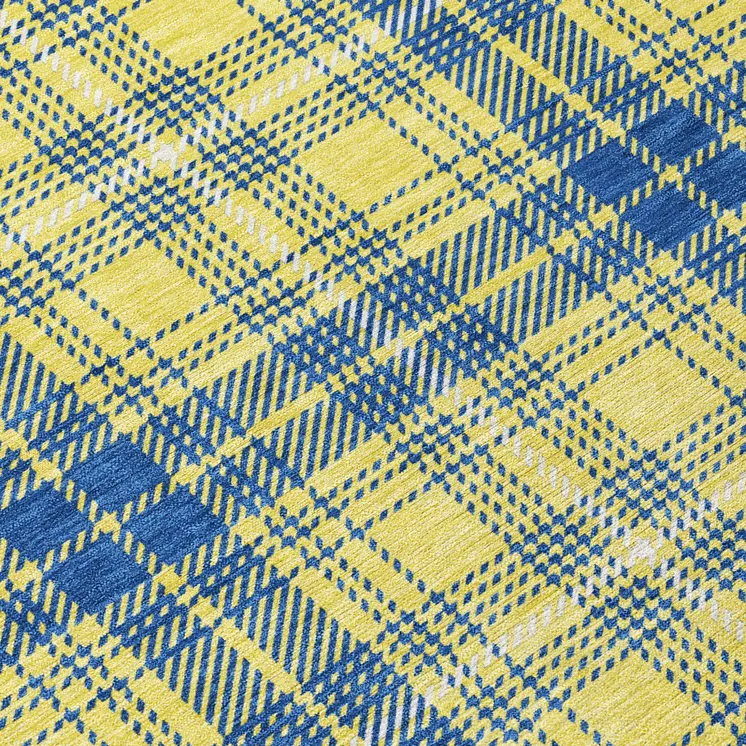8' Yellow Blue And Ivory Round Plaid Washable Indoor Outdoor Area Rug