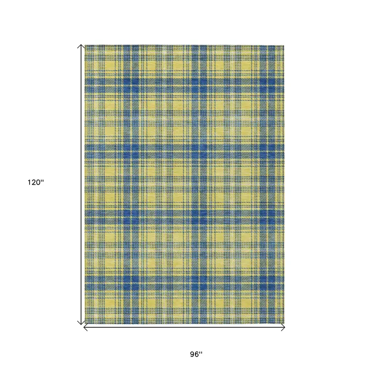 8' X 10' Yellow Blue And Ivory Plaid Washable Indoor Outdoor Area Rug