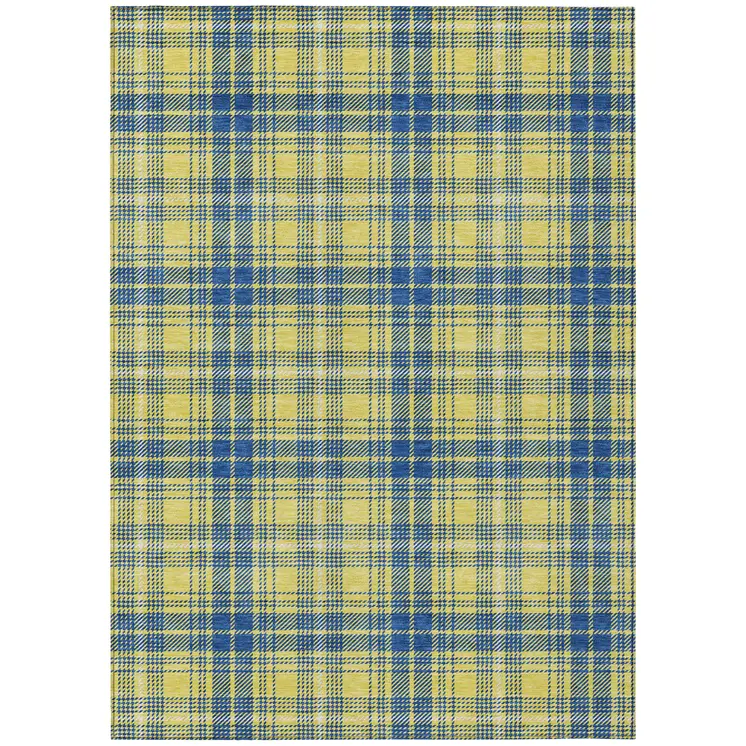 8' X 10' Yellow Blue And Ivory Plaid Washable Indoor Outdoor Area Rug