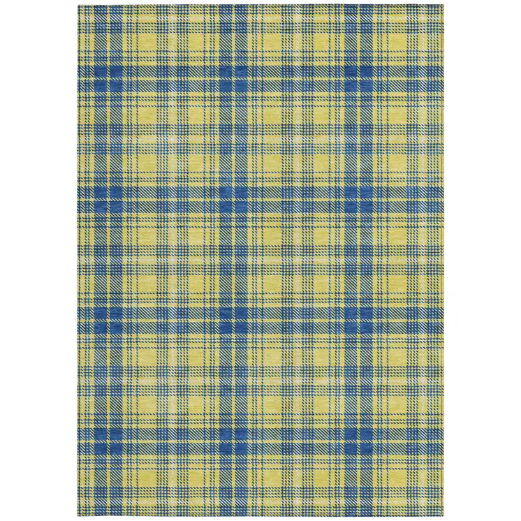 8' X 10' Yellow Blue And Ivory Plaid Washable Indoor Outdoor Area Rug