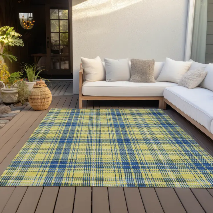 9' X 12' Yellow Blue And Ivory Plaid Washable Indoor Outdoor Area Rug