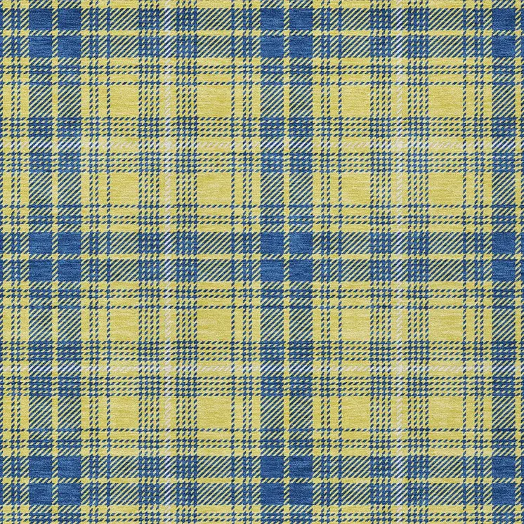 9' X 12' Yellow Blue And Ivory Plaid Washable Indoor Outdoor Area Rug