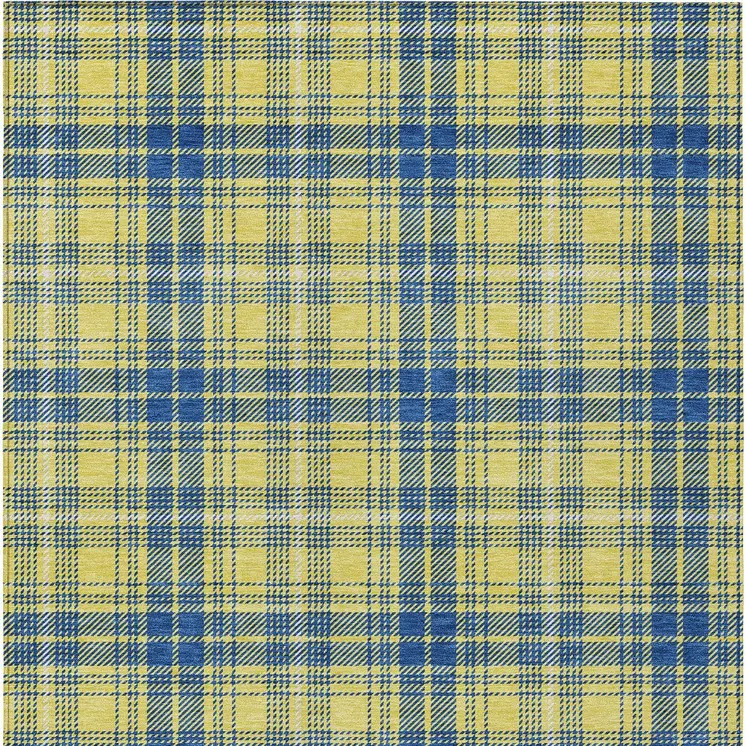 10' X 14' Yellow Blue And Ivory Plaid Washable Indoor Outdoor Area Rug